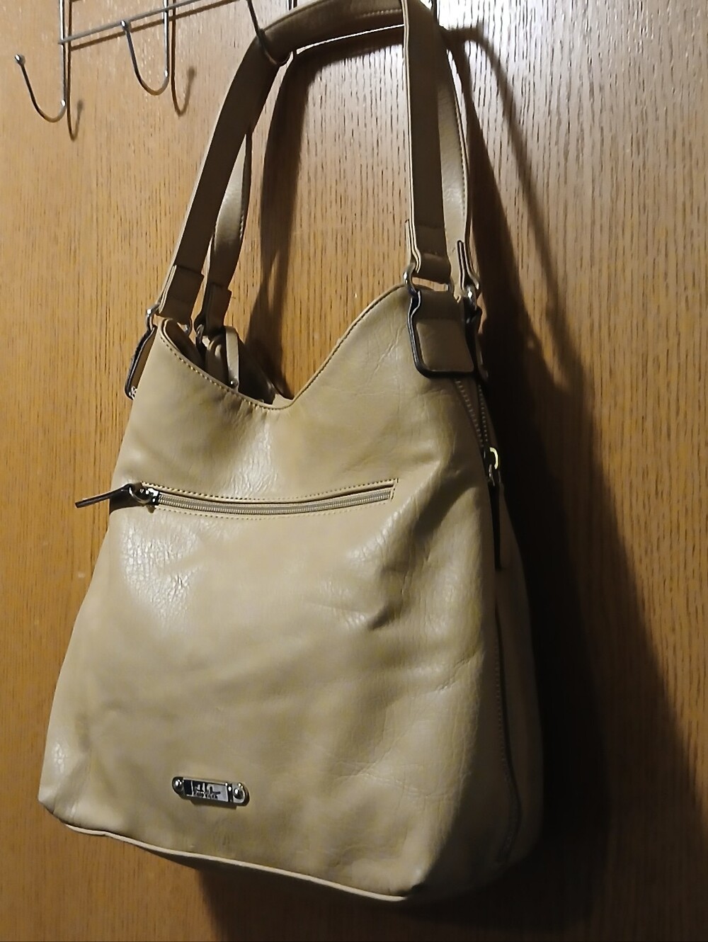 Nicole Miller New York Beige Slouchy Shoulder Bag with Multi-Zipper Detail